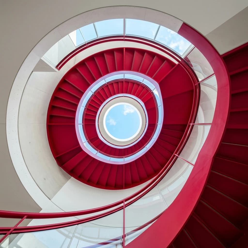 Modern architectural crimson spiral staircase looking upwards to skylight
